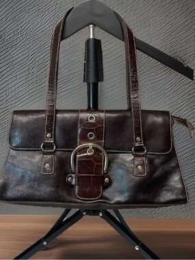 Vintage Franco Sarto Brown Leather Y2K Baguette Bag Croc Buckle